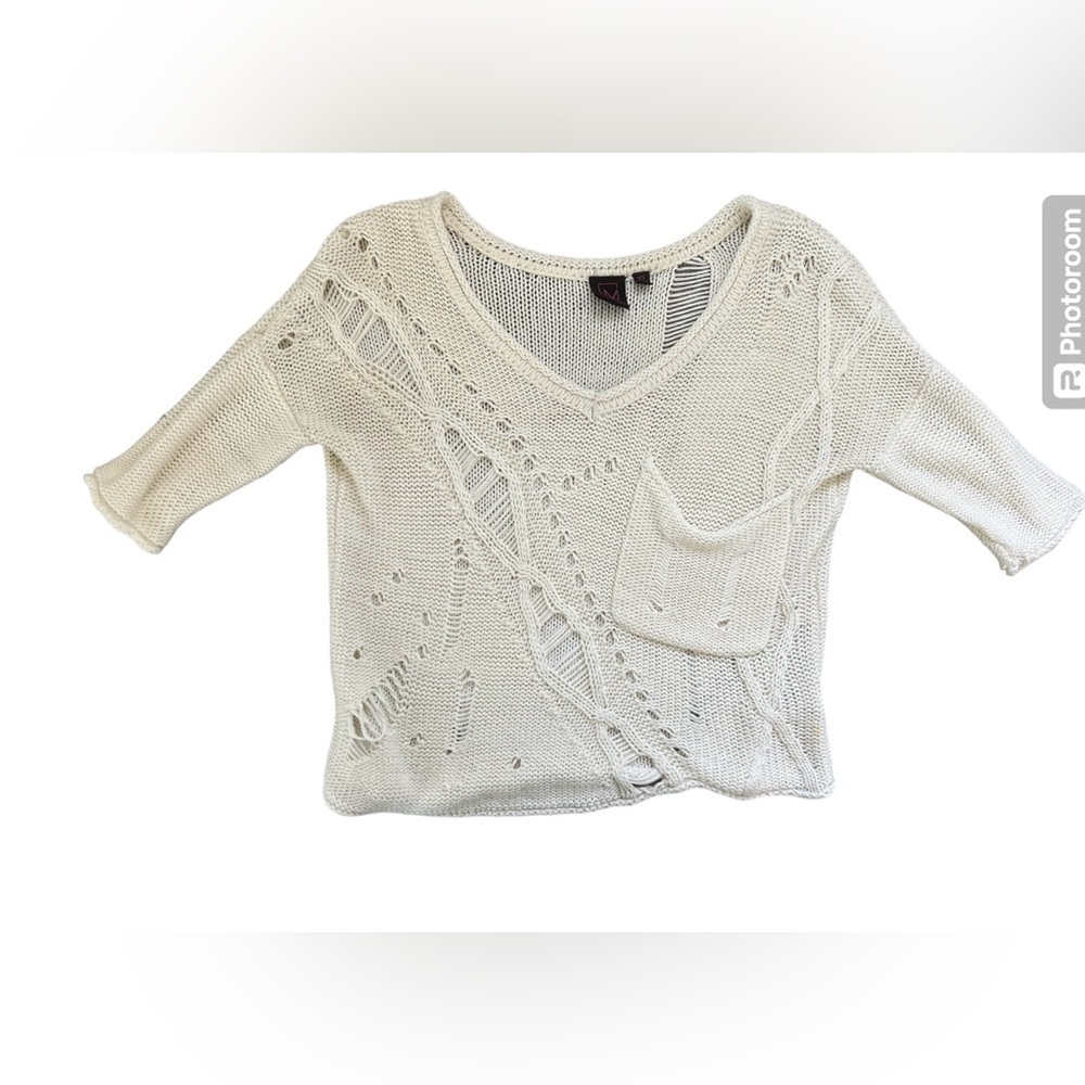 Material Girl Y2K Cream Short Sleeve Distressed Sweater | XS